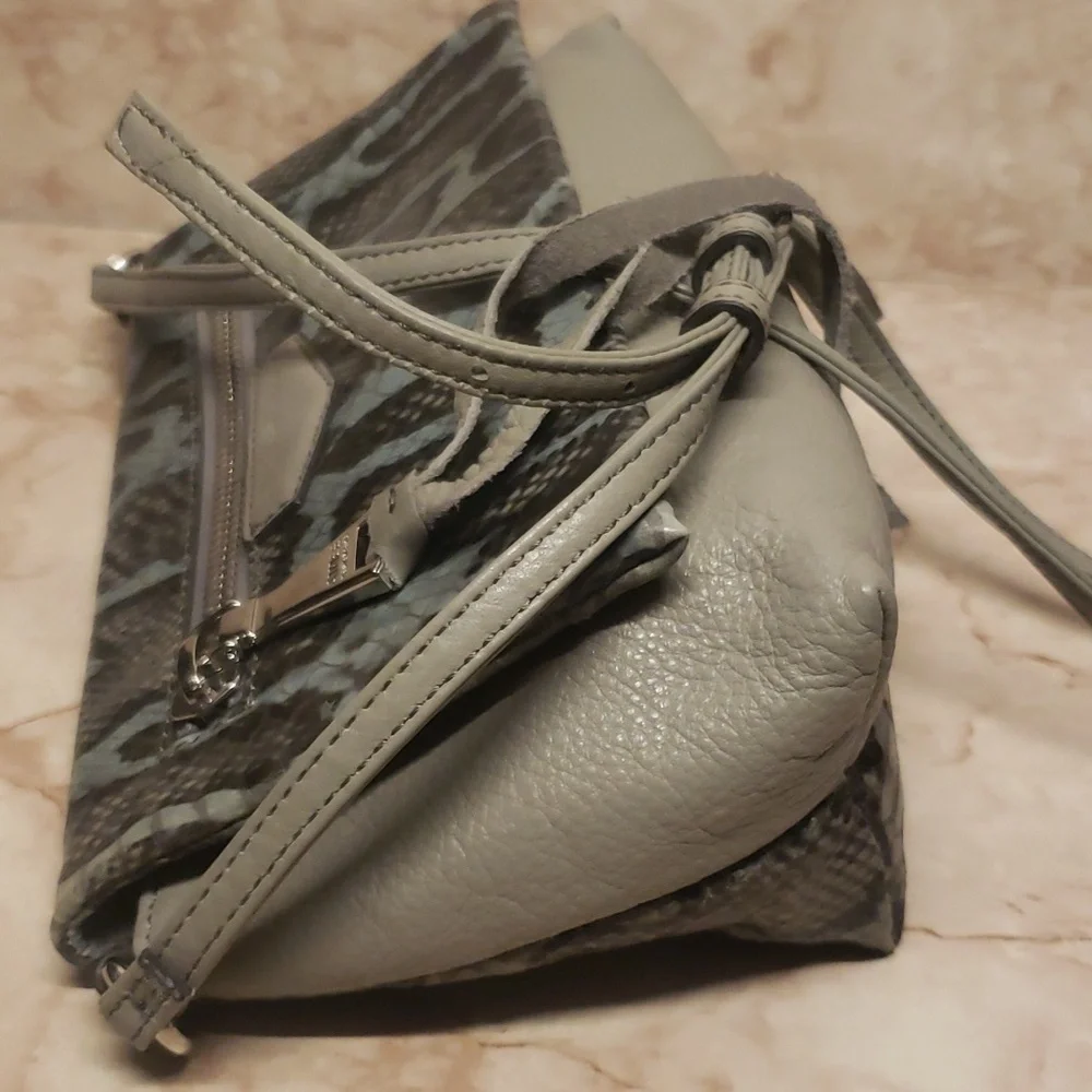 Aimee Kensterbeg gray and snake green and black skin print small crossbody bag